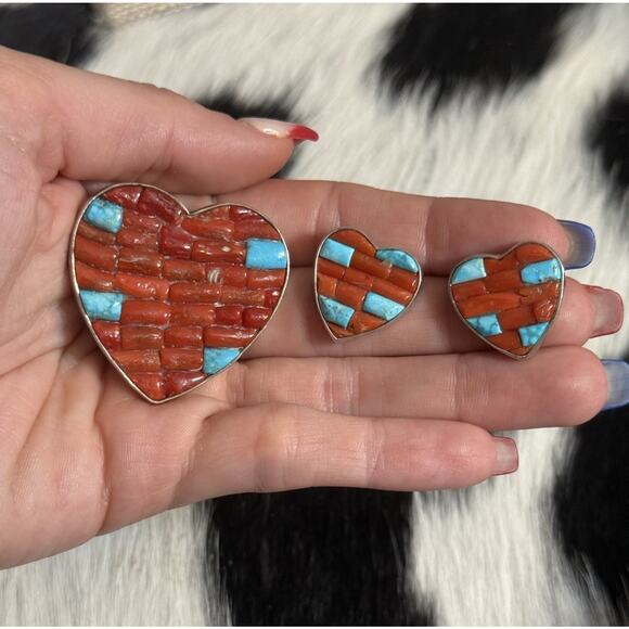Sterling Jay King DTR Red Coral Turquoise Cobblestone Heart Pendant Earrings Set - Picture 1 of 14